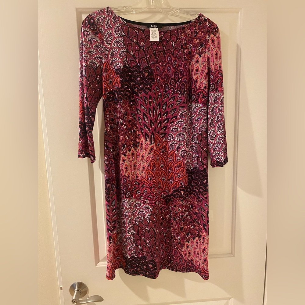 NWT pink colorful stretch 3/4 sleeve dress with pink sequins size Small